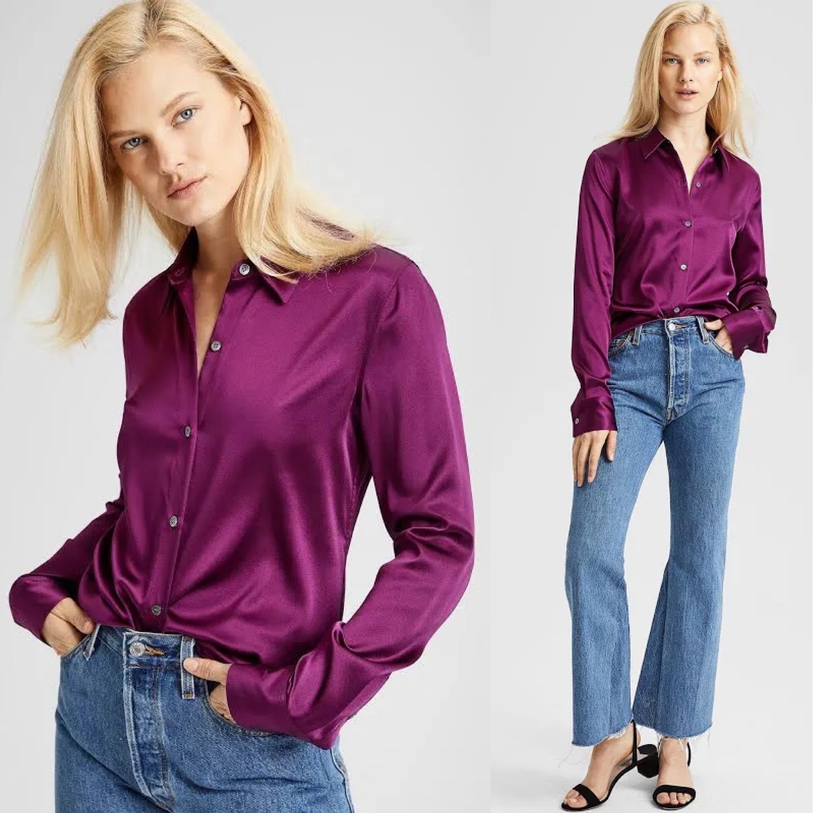Theory Stretch Satin Perfect Fitted Button Down Silk Blend Collared Shirt Blouse