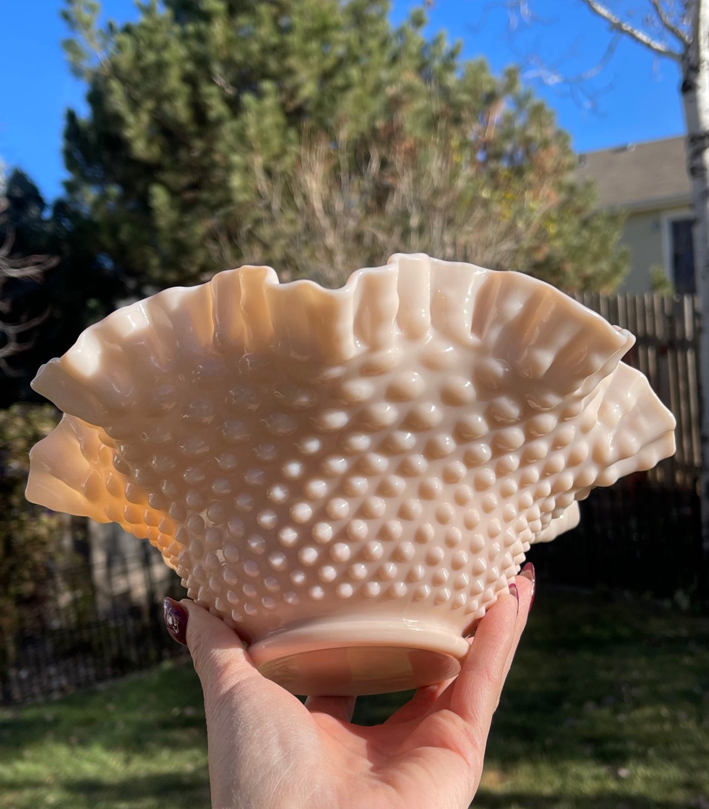 Vintage Fenton 9 1/2 Soft Pastel Pink Milk Glass Hobnail Bowl - Ruffled Edge