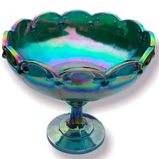 Vintage Indiana Glass iridescent Peacock BlueGarland Pedestal Bowl