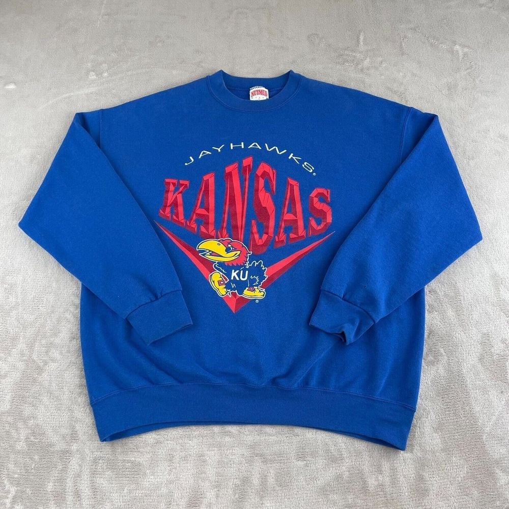 Vintage Kansas Jayhawks Sweatshirt Men XL Blue Big Logo Crew USA Made NutMeg Tag