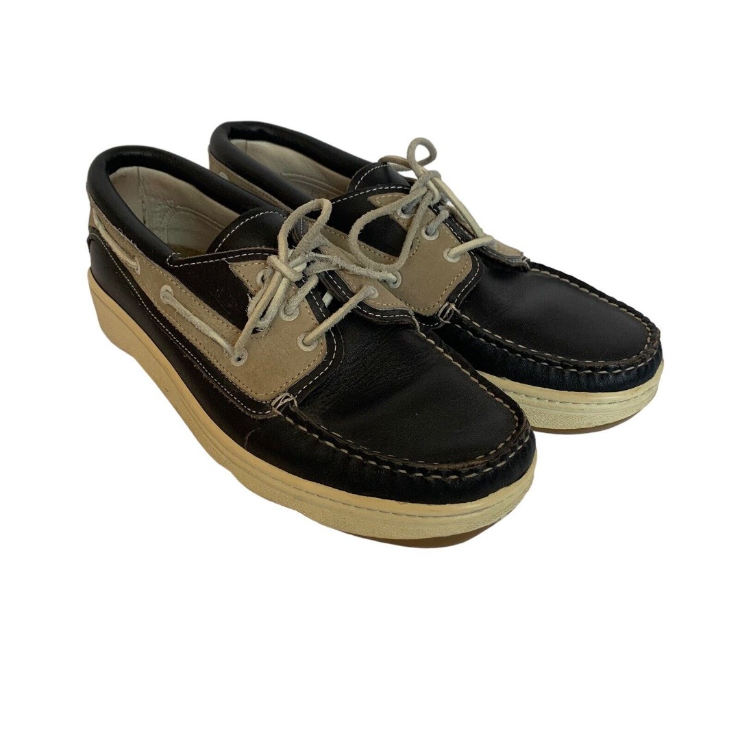 Vintage ALLEN EDMONDS Leather HYANNIS Navy Blue Tan Loafer Boat shoes size 8.5 D
