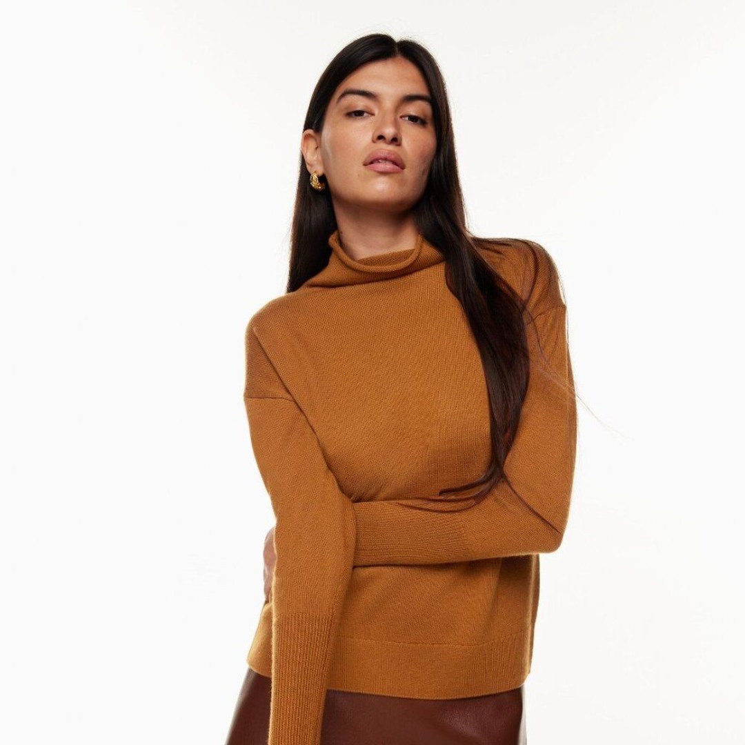 Aritzia Wilfred Cyprie 100% Merino Wool Mockneck Sweater Rich Chestnut Sz S