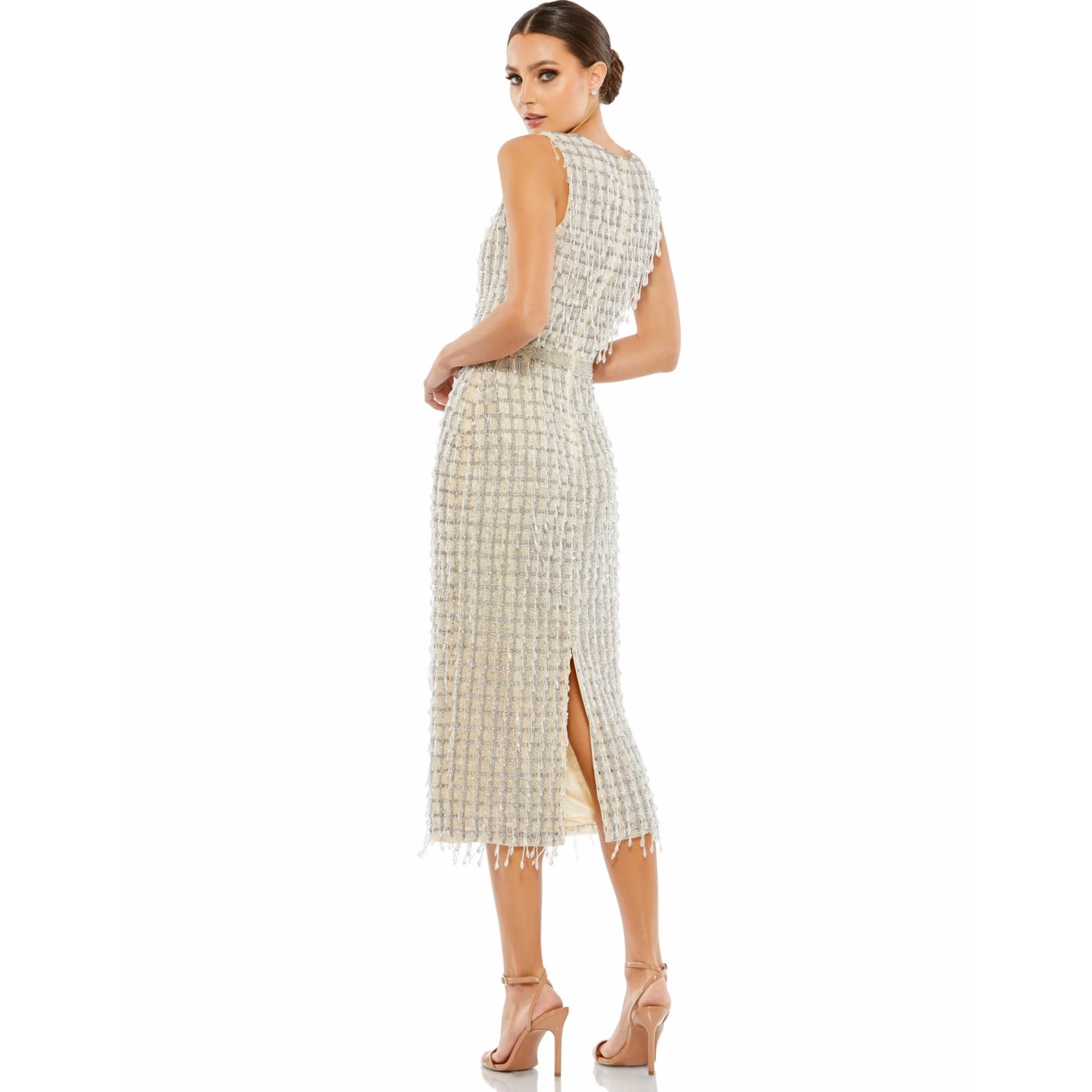 Mac Duggal Sleeveless Tweed Beaded Fringe Midi Dress In Nude Size 8 NWT