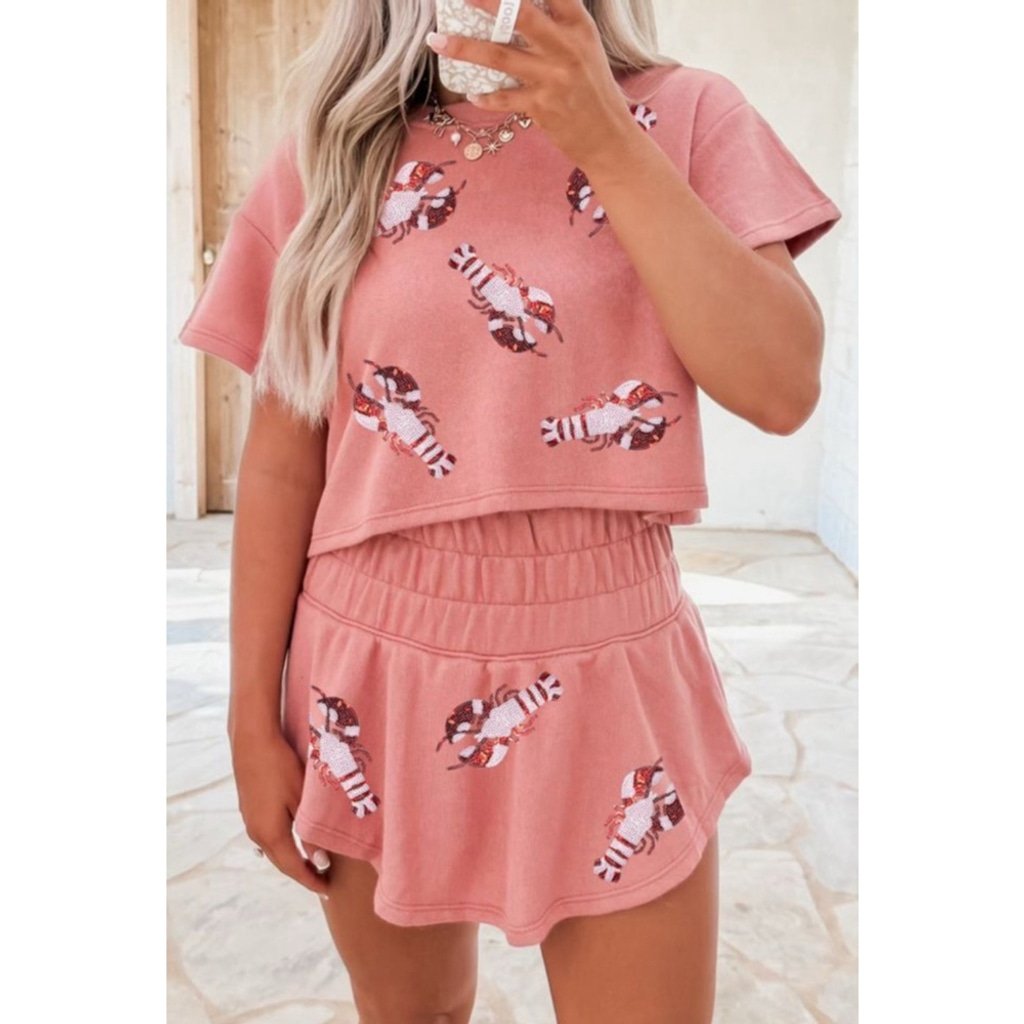 Sequin Crawfish Cropped Tee with High Waist Sequin Crawfish Skort 2pc Outfit