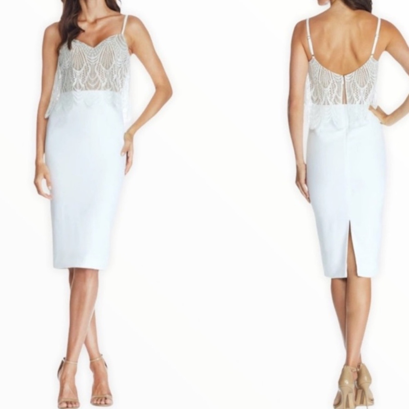 Dress the Population Paula Sheath Dress Off White Lace Accent Midi Length Large