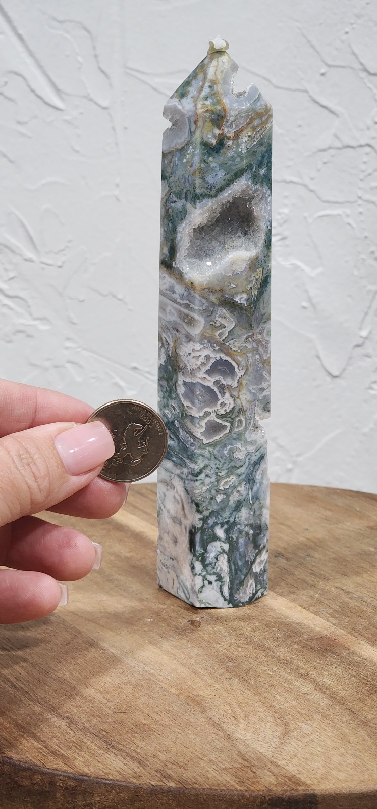 Moss agate tower with druzy