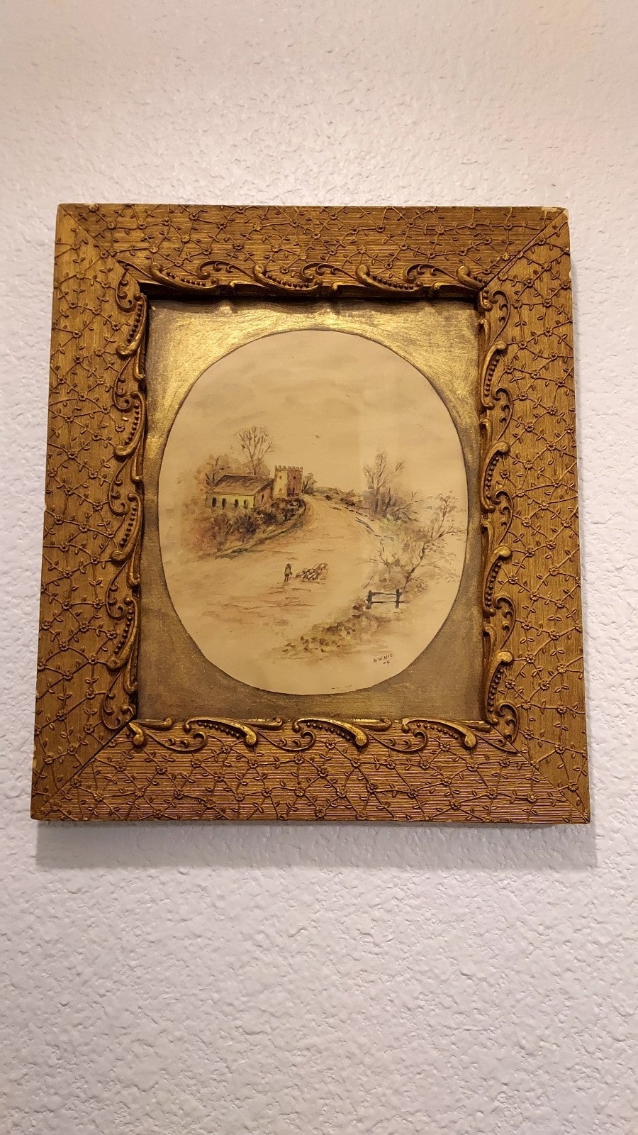 vintage folk art Watercolor painting. Signed M.W. McC 04. Herder and his sheep