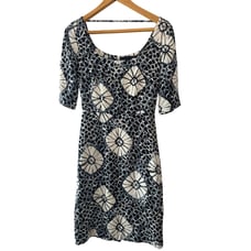 Samantha Sung Navy Blue & White Print 100% Silk Mini Scoop Neck Dress Size 2