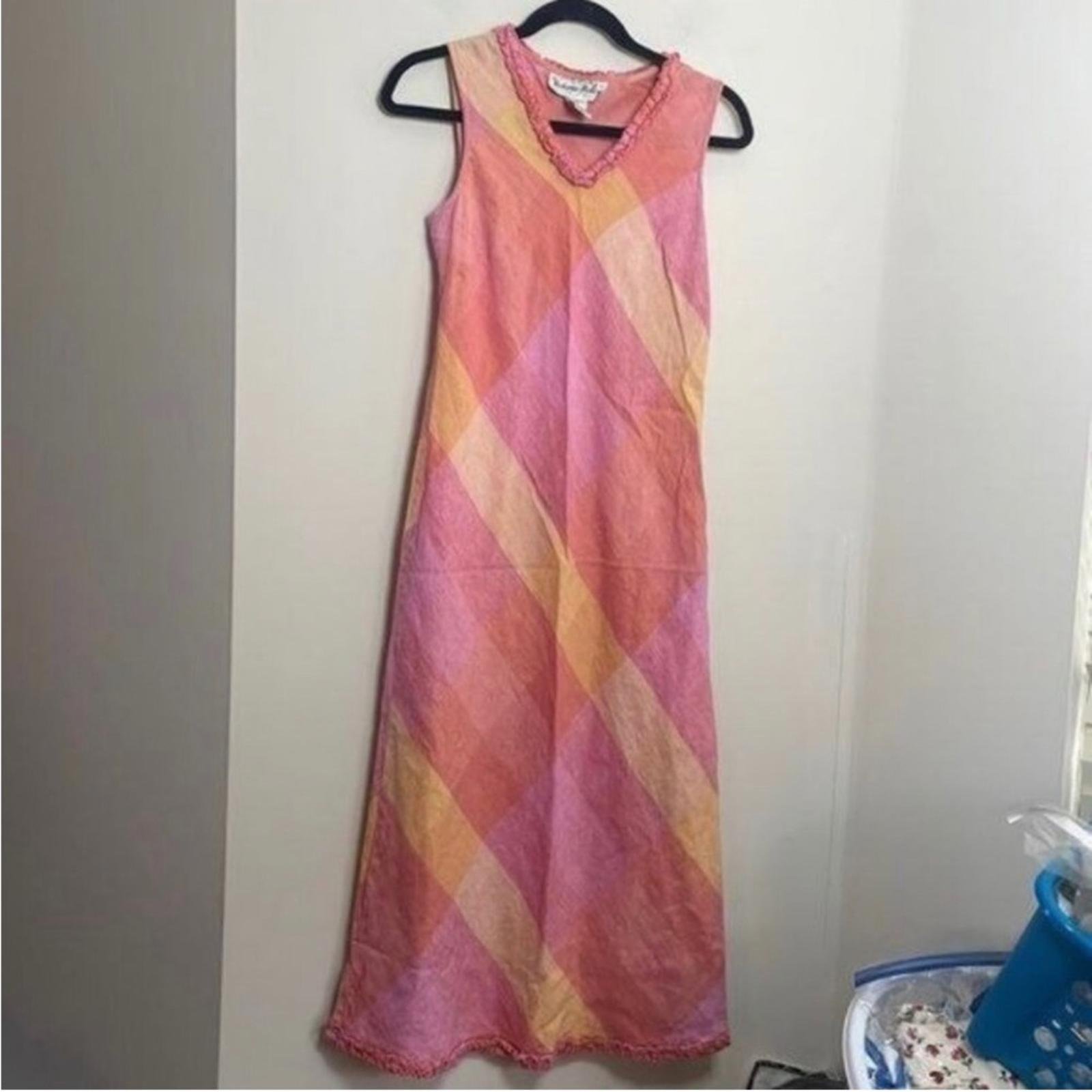 Vintage Victoria Holley Pink and Orange Plaid Maxi Dress Ruffle Trim