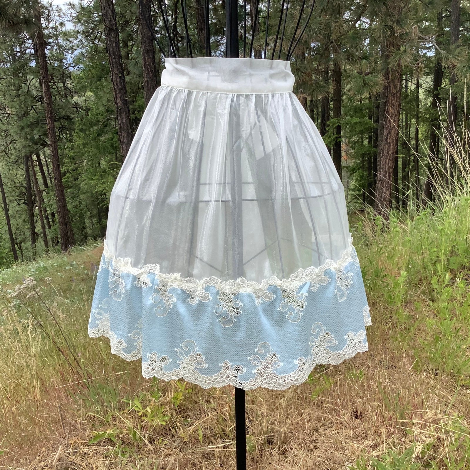 Beautiful Off White Sheer Fabric Apron with Light Blue Lace Ruffle Octoberfest
