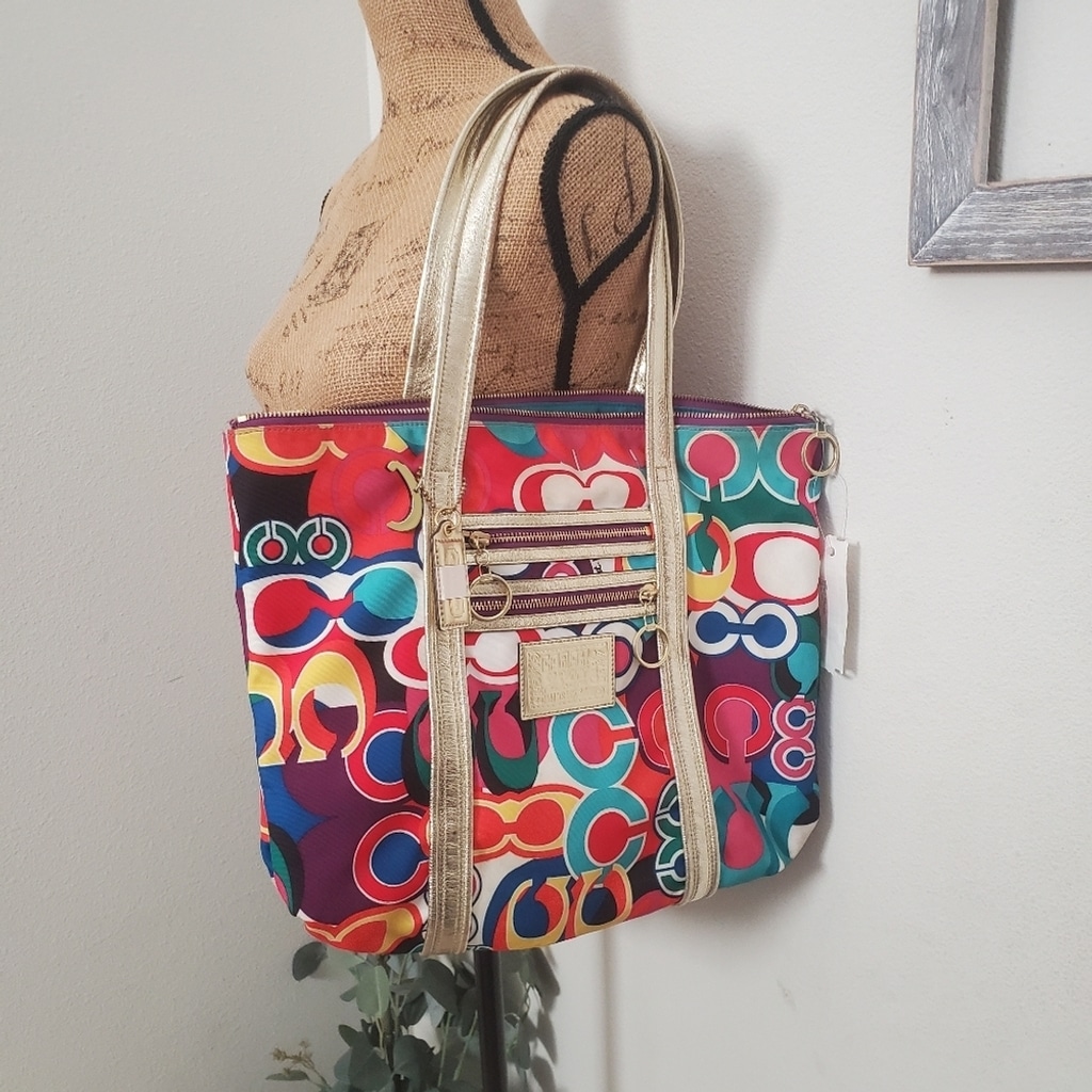 COACH POPPY POP Signature C GLAM Large Tote Multi-Color Carryall Bag READ *