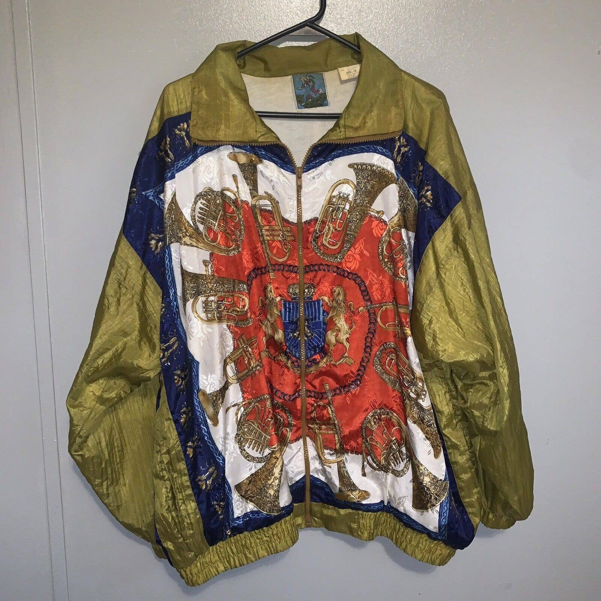 Vintage 80s/90s Red Blue & Gold Musical Horn Nylon Windbreaker Jacket Size 1X