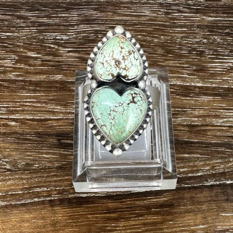 Southwest Sterling Silver Double Heart Mantis Variscite Turquoise Ring Sz 6 Adj