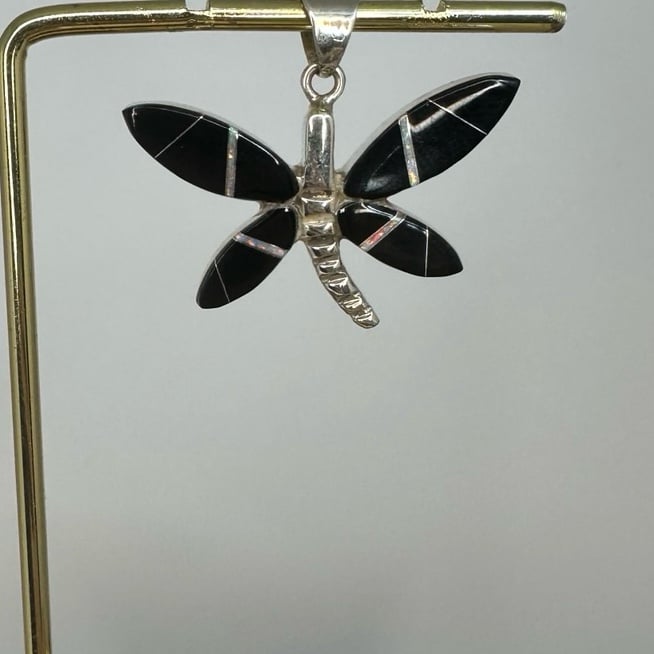 Native American Zuni Sterling Silver Onyx&Opal Inlay Dragonfly Pendant Signed M