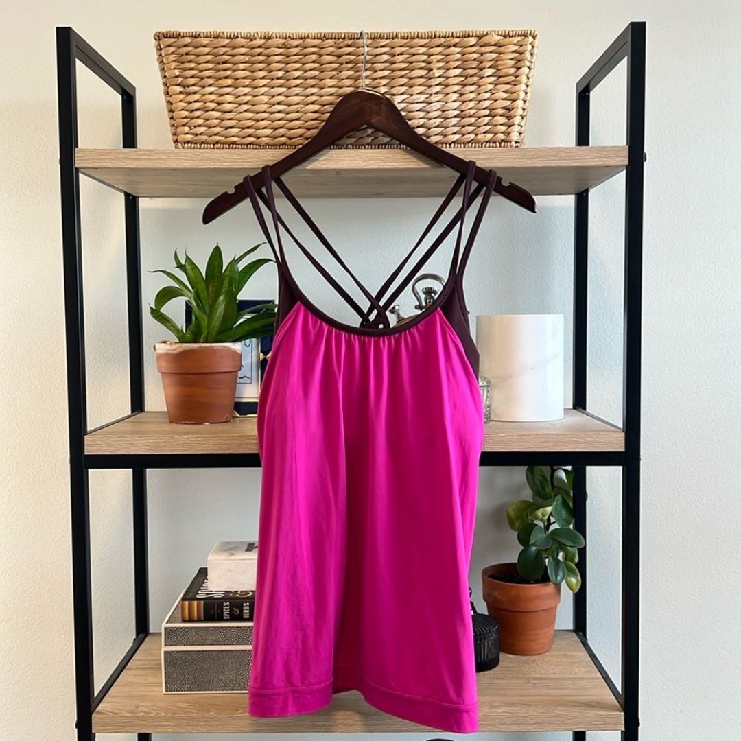 Athleta Tank Hidden Agenda Built in Sports Bra Pink Berry Brown 257103, XL