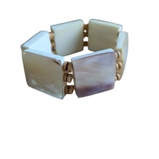Vintage Mother Of Pearl Bracelet Chunky Stretch Square MOP Beaded Wood Spacers C