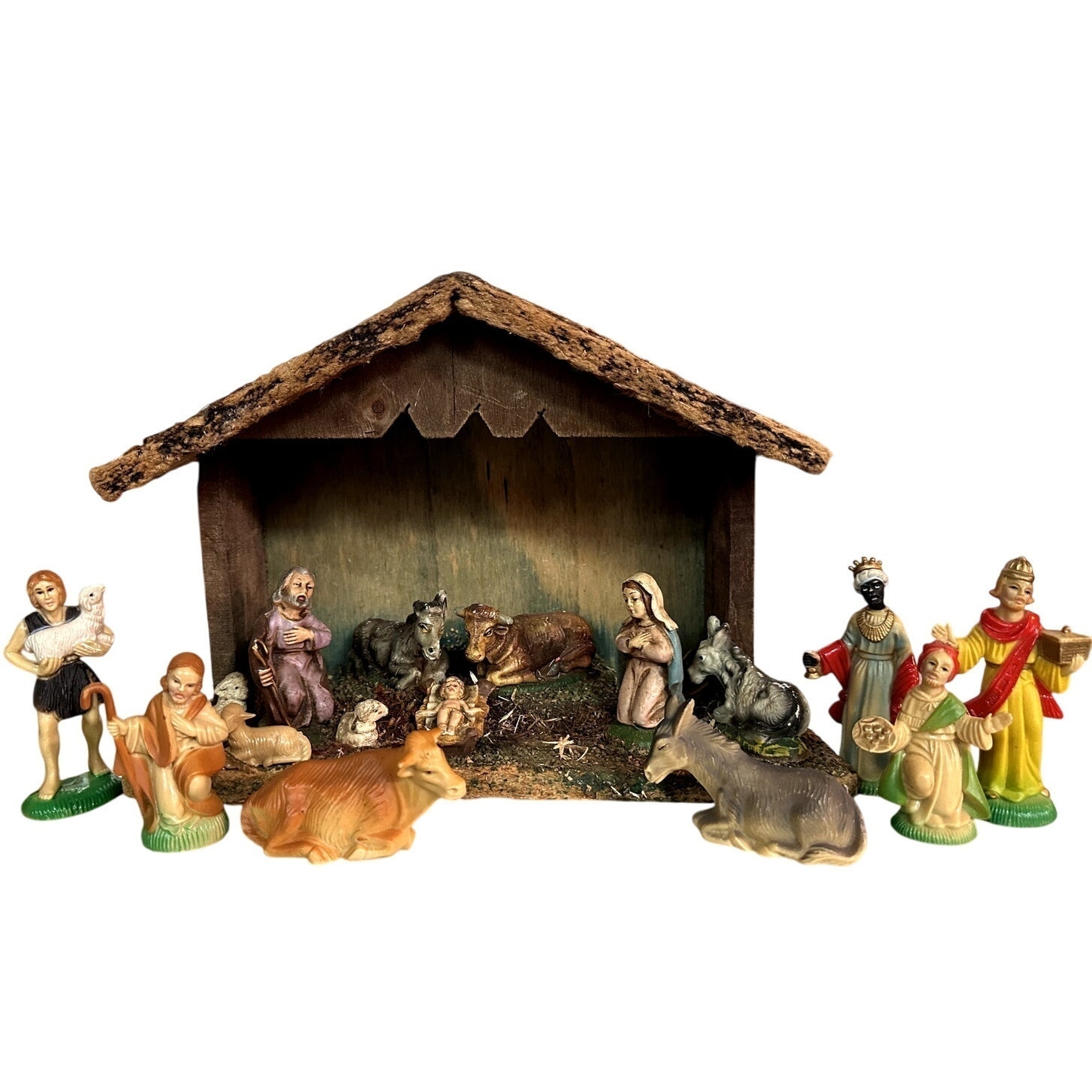 16 Piece Set Vintage Italy Nativity Manger Attached Moss Wood