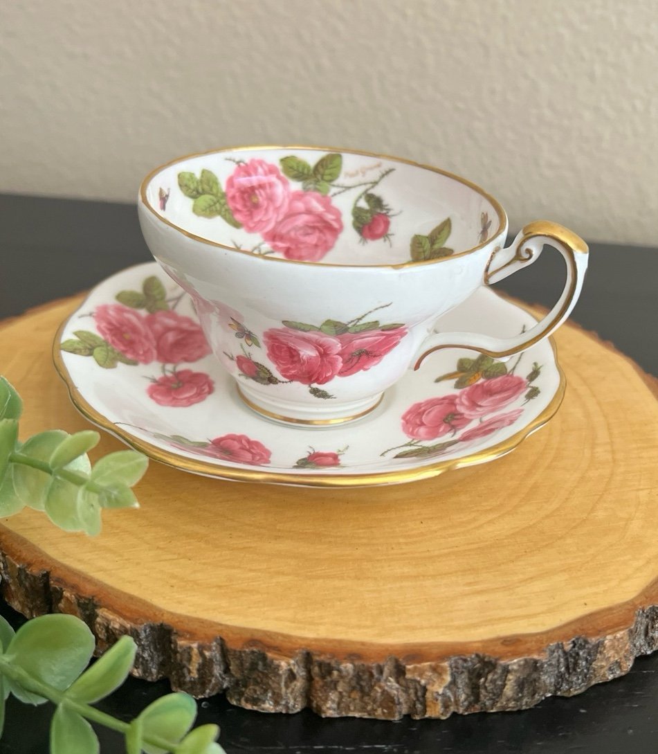 Vintage 1950’s Foley Bone China Century Rose Gold Trim Tea Cup & Saucer Set
