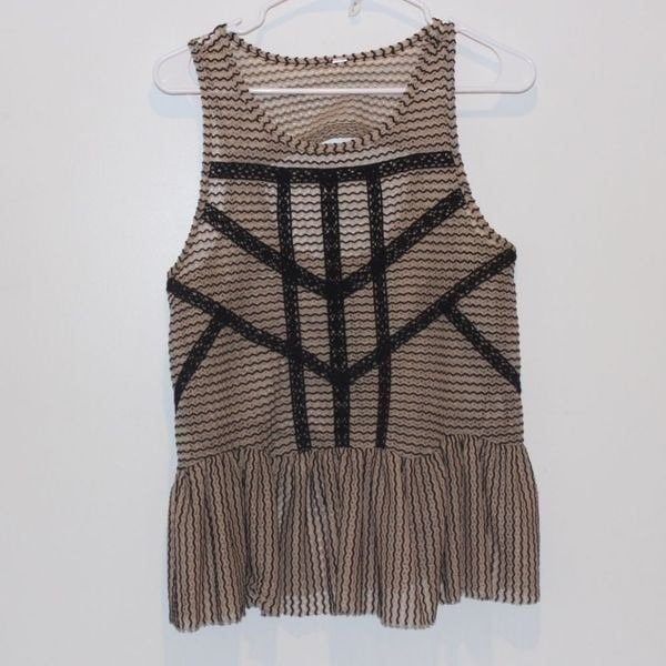 Free People Lace & Stripe Peplum in black toasted almond Top Women Size Medium