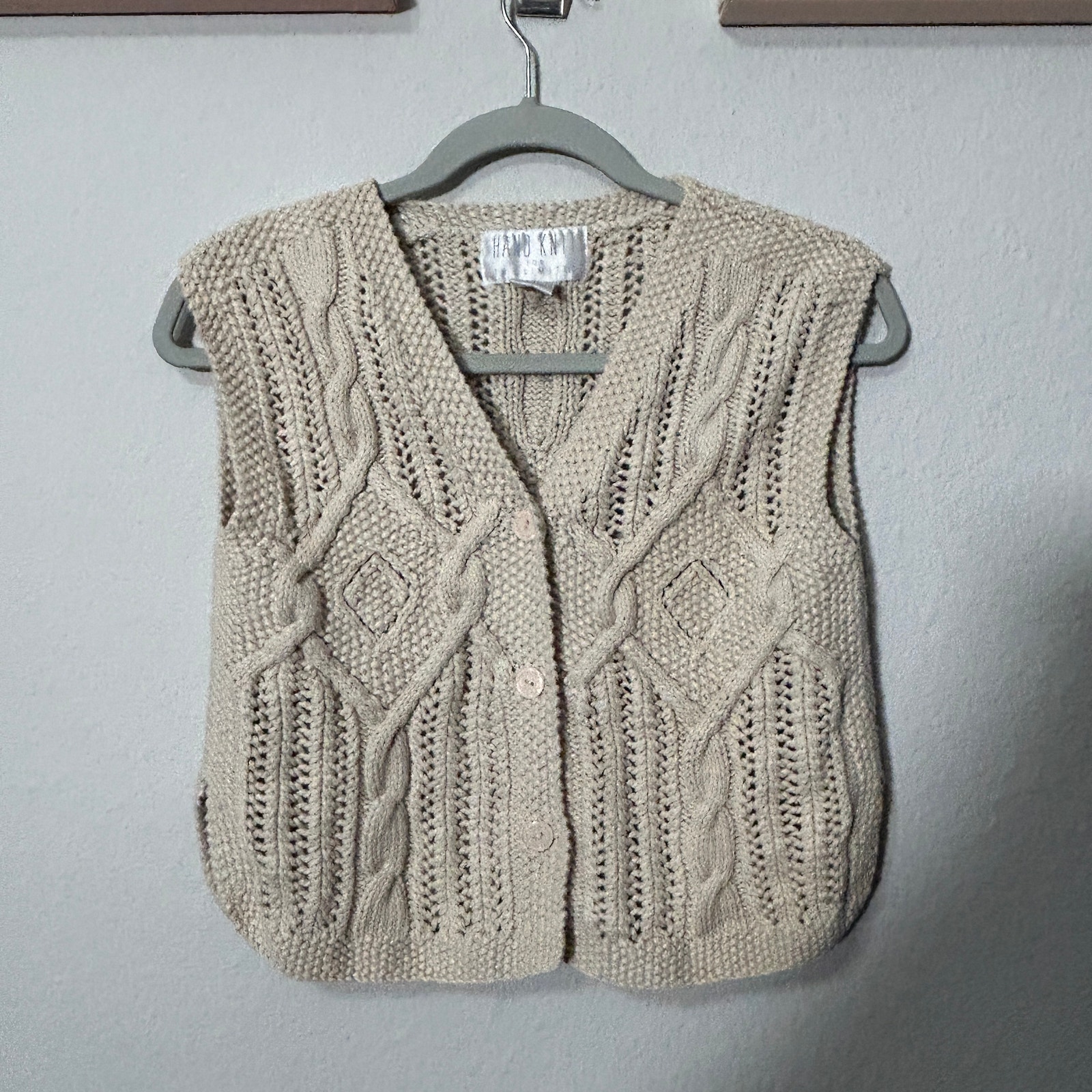 Limited Vintage Hand Knit Sweater Vest Cream Curve Hem Side Slit Small Academia