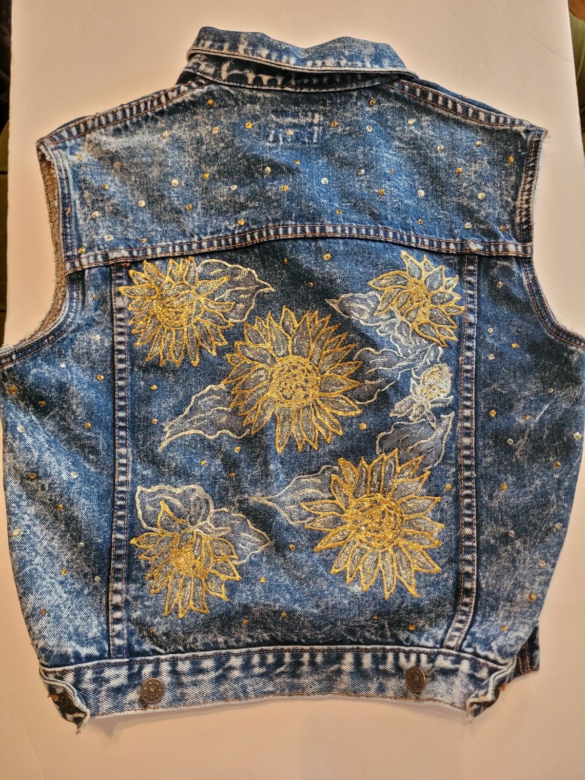 VTG IRON WOOD TRADING CO DENIM VEST YELLOW SUNFLOWER POCKETS SZ L WOMENS EUC
