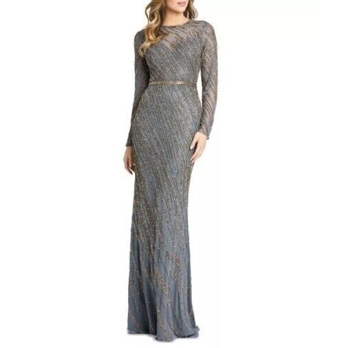 Mac Duggal 5240 Beaded Illusion Neck Long Sleeve Gown - size 14 - Platinum NWT
