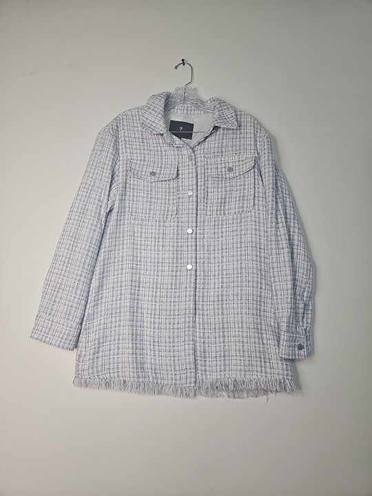 7 For All Mankind White Blue Plaid Long Sleeve Fringe Plaid Jacket Medium