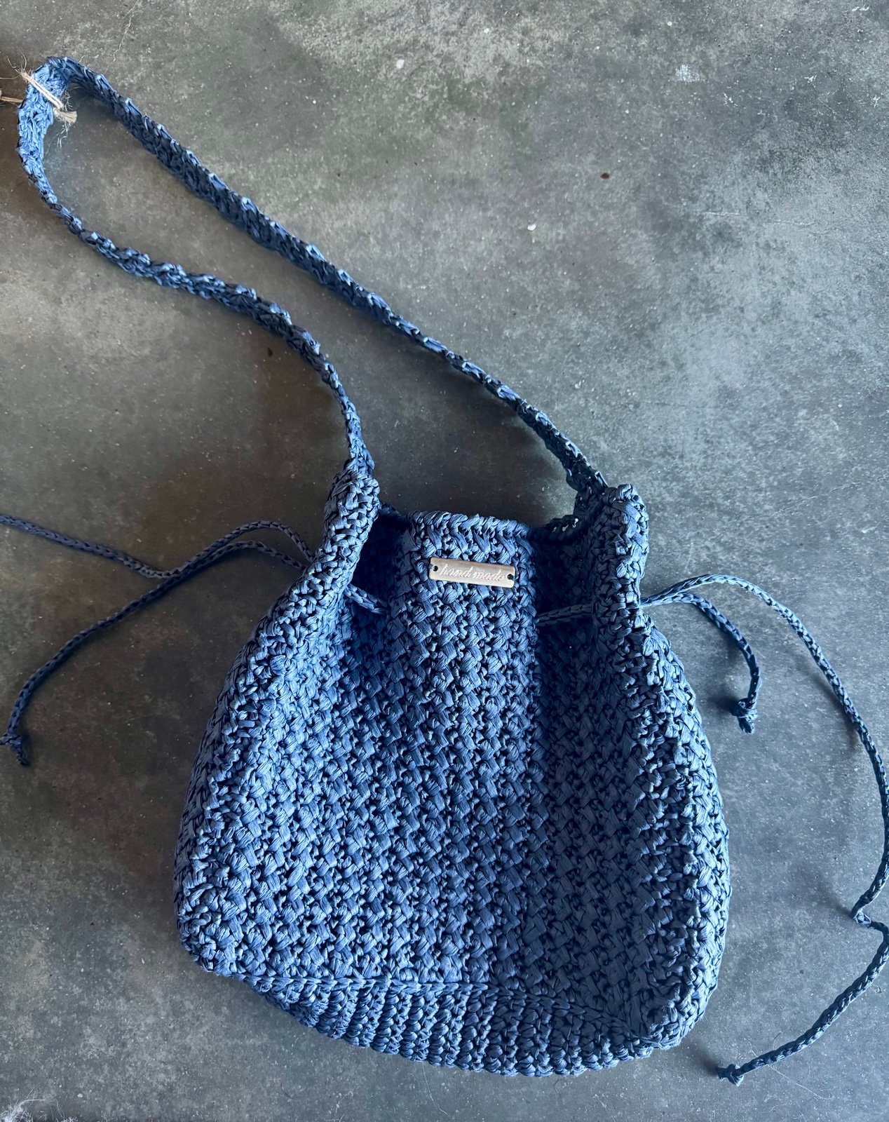 Handmade Navy Crochet Drawstring Bag