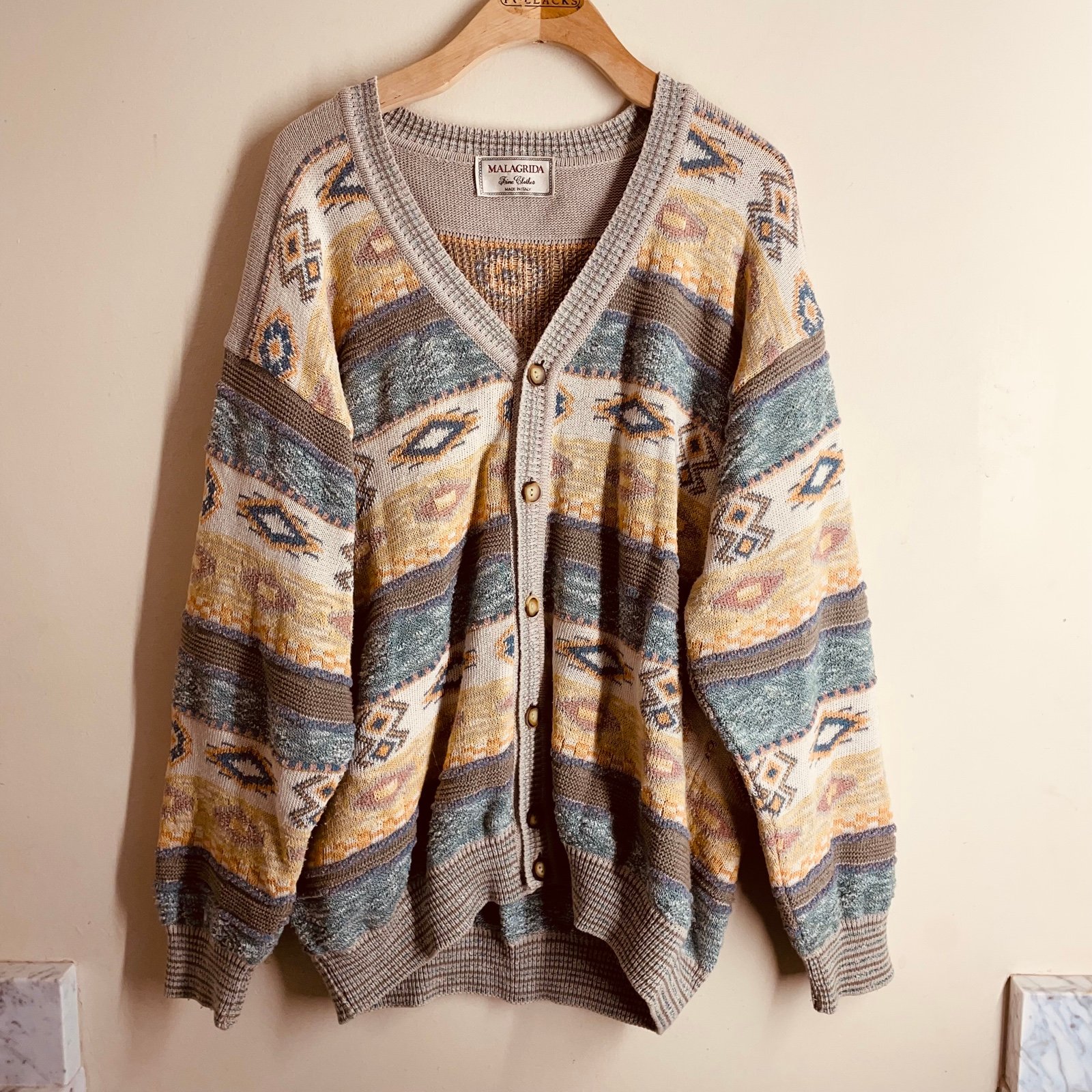 Malagrida Vintage Southwestern Knit Cardigan Sweater Textured Boho Style Italy