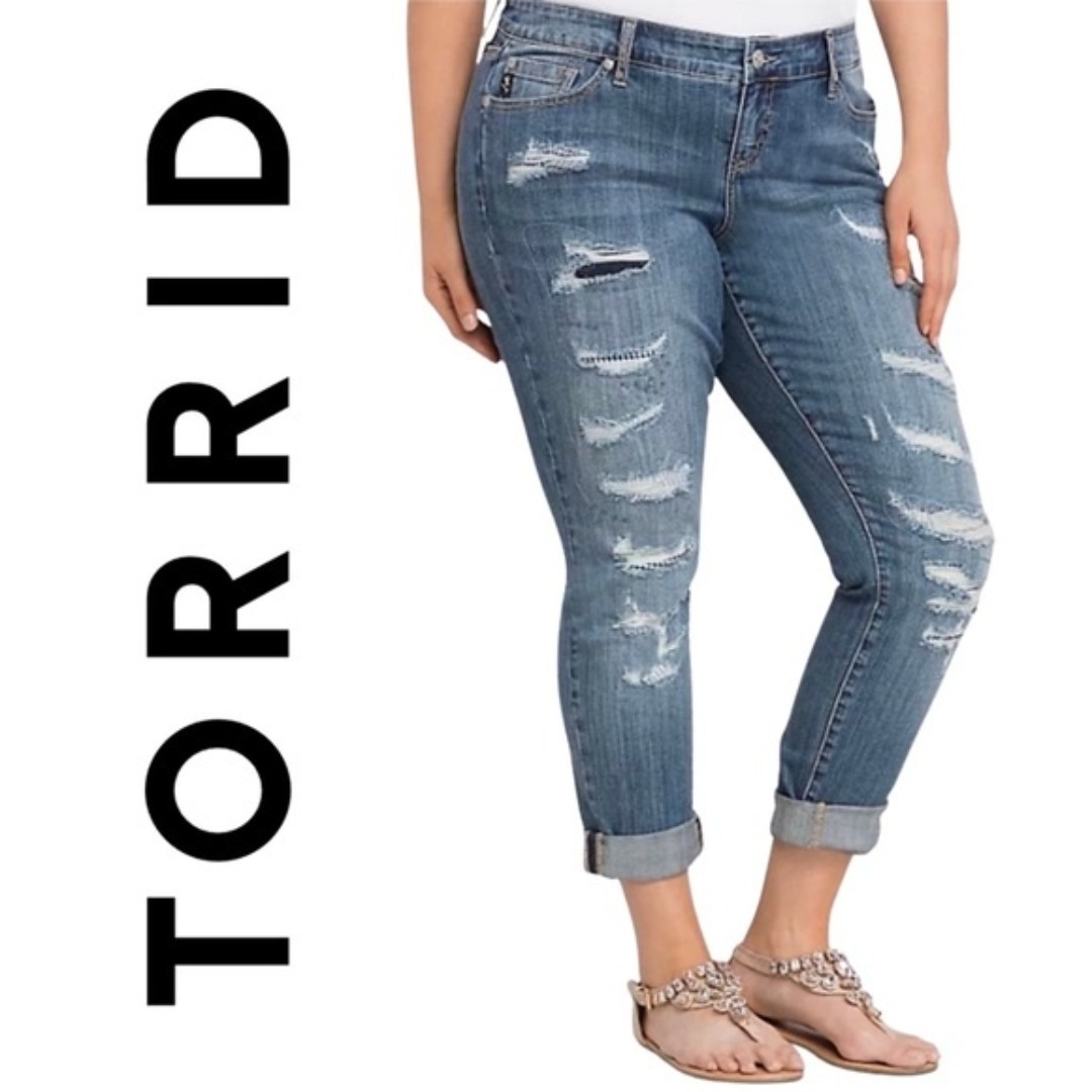 Torrid Premium, Boyfriend Jeans, Light Wash with Ripped Destruction, Blue