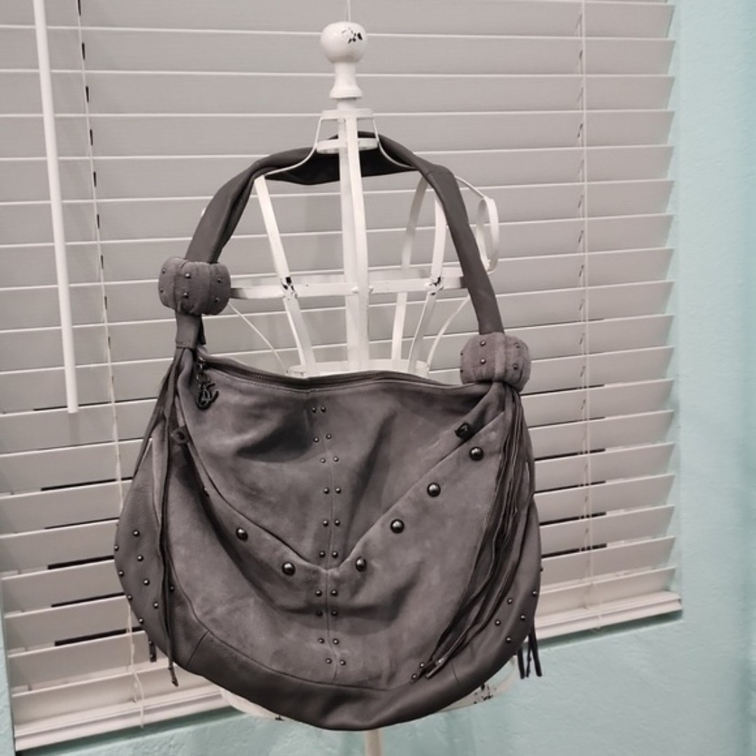 Suede Studded Gray Hobo Bag with Fringe by Queen Latifah 179 MSRP NWOT