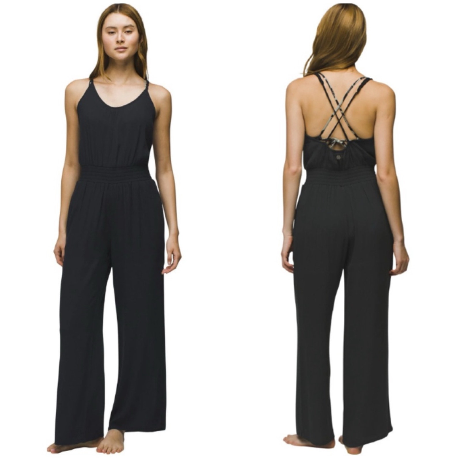 Prana Fernie Wide Leg Jumpsuit Womens XL Black Crinkle Romper Swim Coverup Beach