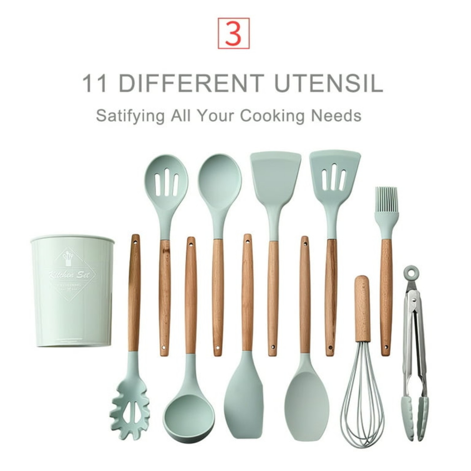 Light Teal Silicone and Wood Cooking Utensils, Set of 9
