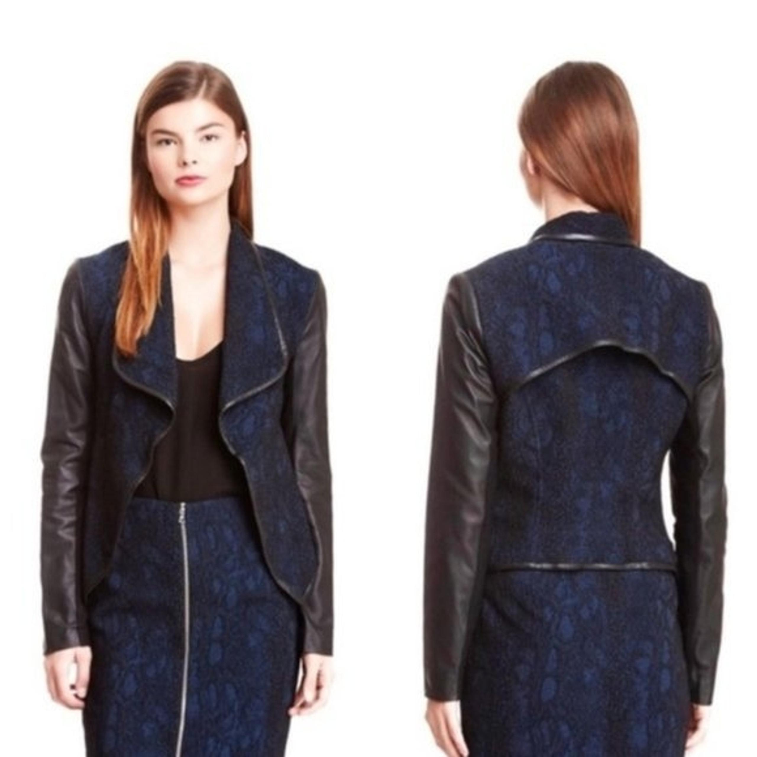 Women's Blue & Black Leather TrimTextured Flyaway Jacket Size 0 - Yigal Azrouel