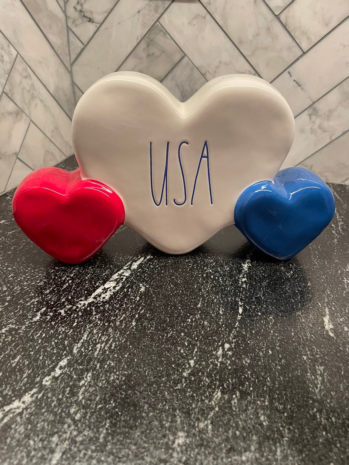 Rae Dunn USA red white & blue hearts