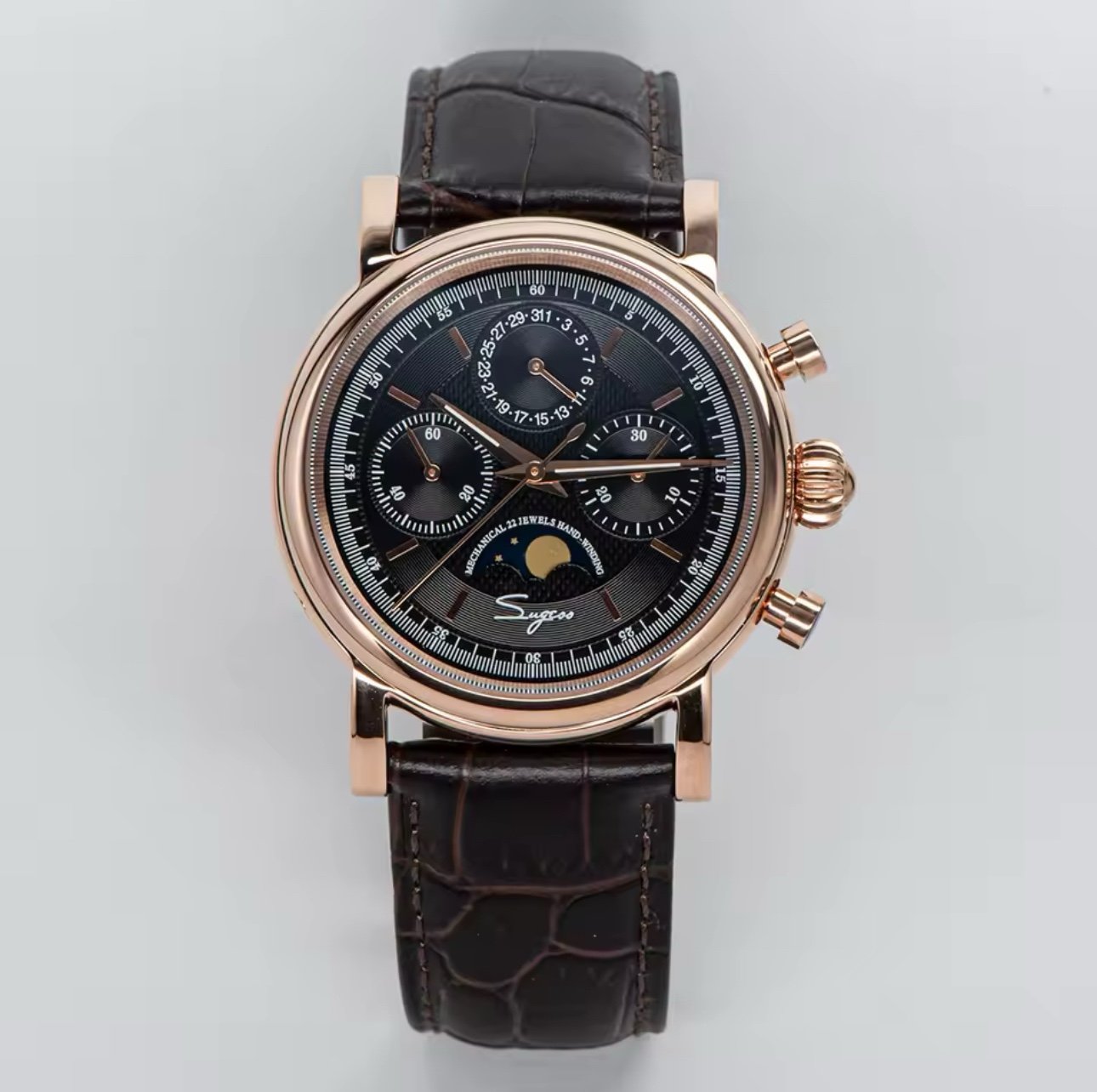Sugess Chronograph Rose gold Plated Black Dail Men's Automatic Watch St1908
