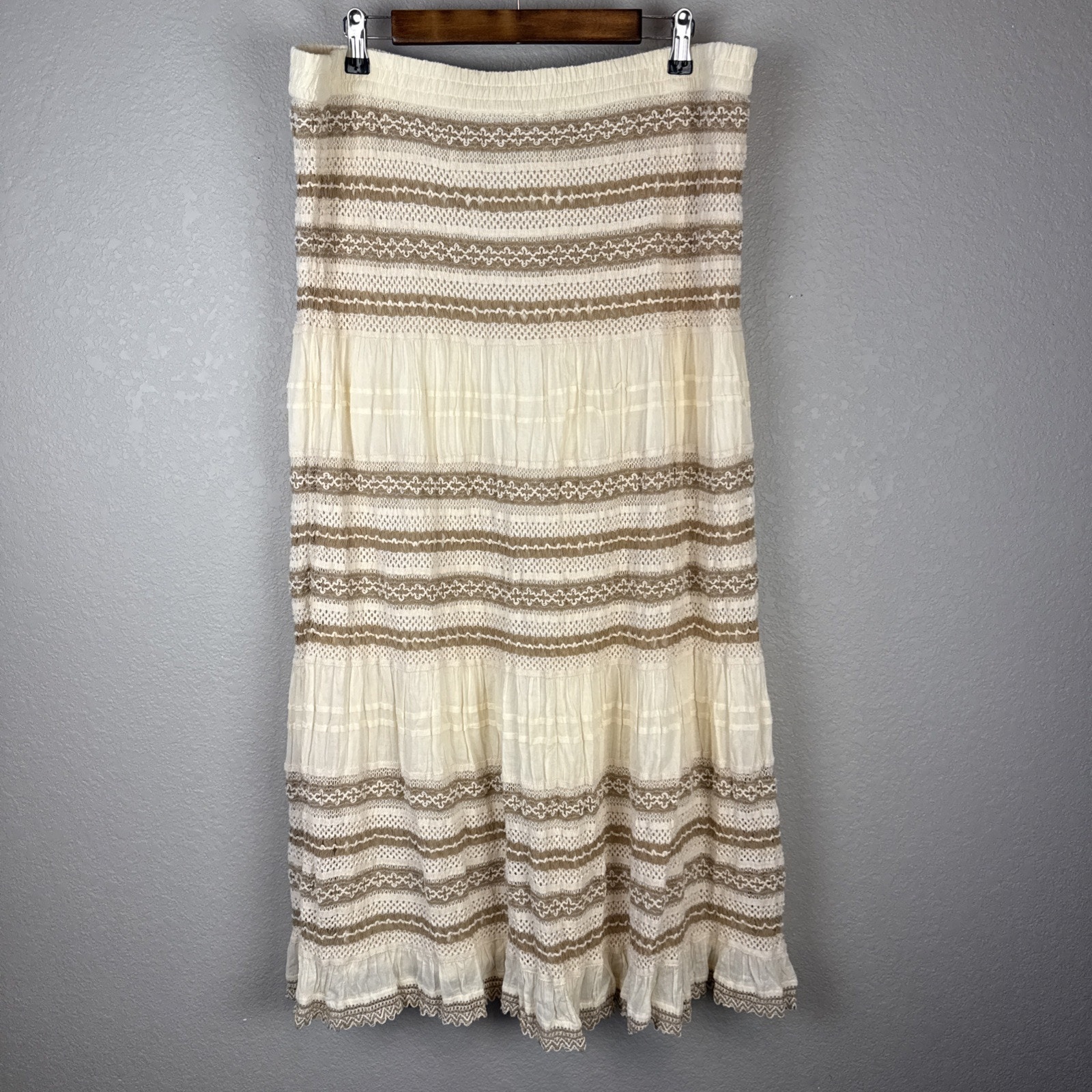 Chicos Womens Layered Tiered Boho Crochet Maxi Skirt Size 3/US 16 Ivory Tan
