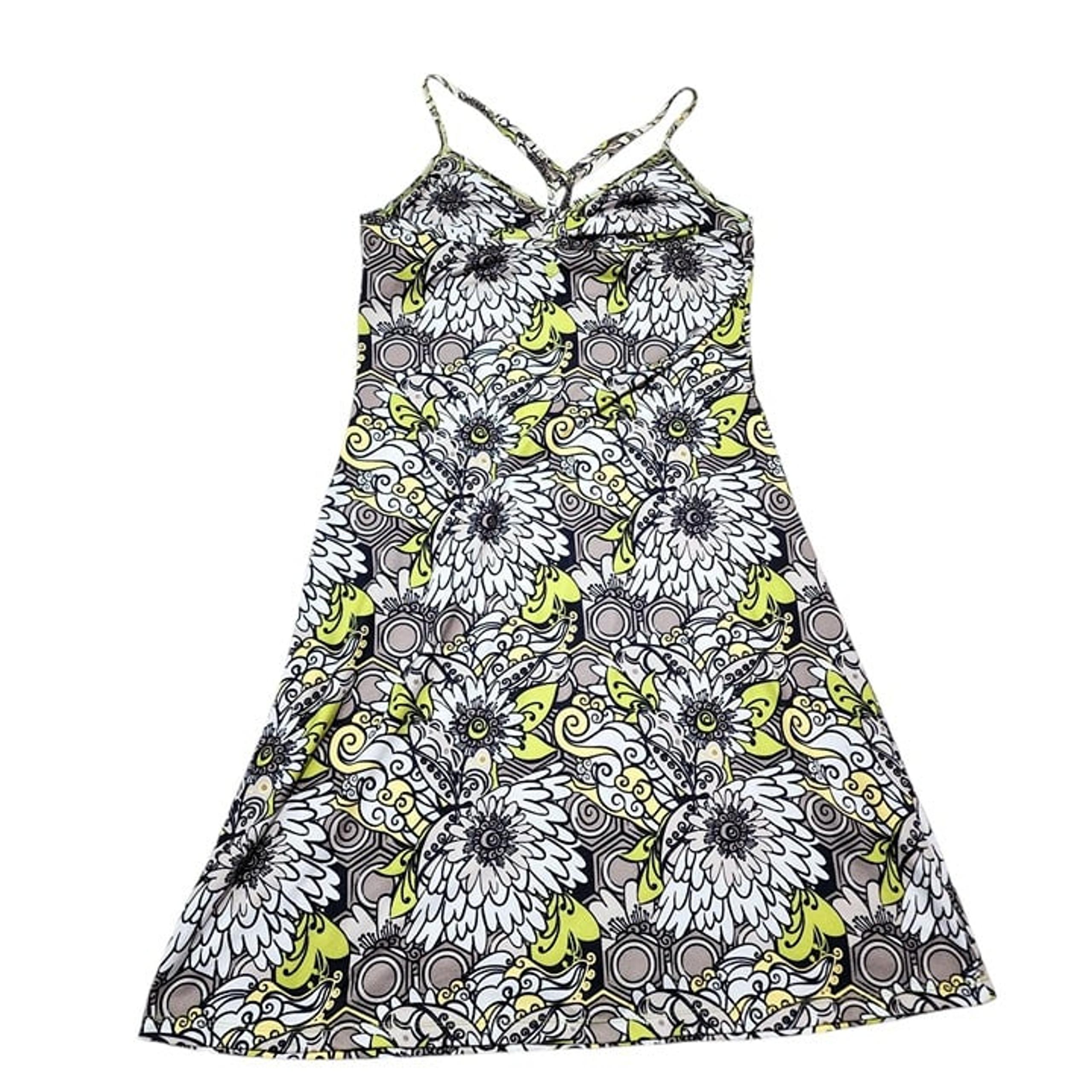 Prana Womens L Floral Print Sleeveless Strappy Dress Recycled Gray Yellow White