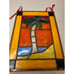 Tropical Palm Tree Stained Glass Panel With Brass Frame & Red Ribbon Hanger