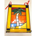 Tropical Palm Tree Stained Glass Panel With Brass Frame & Red Ribbon Hanger