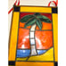 Tropical Palm Tree Stained Glass Panel With Brass Frame & Red Ribbon Hanger