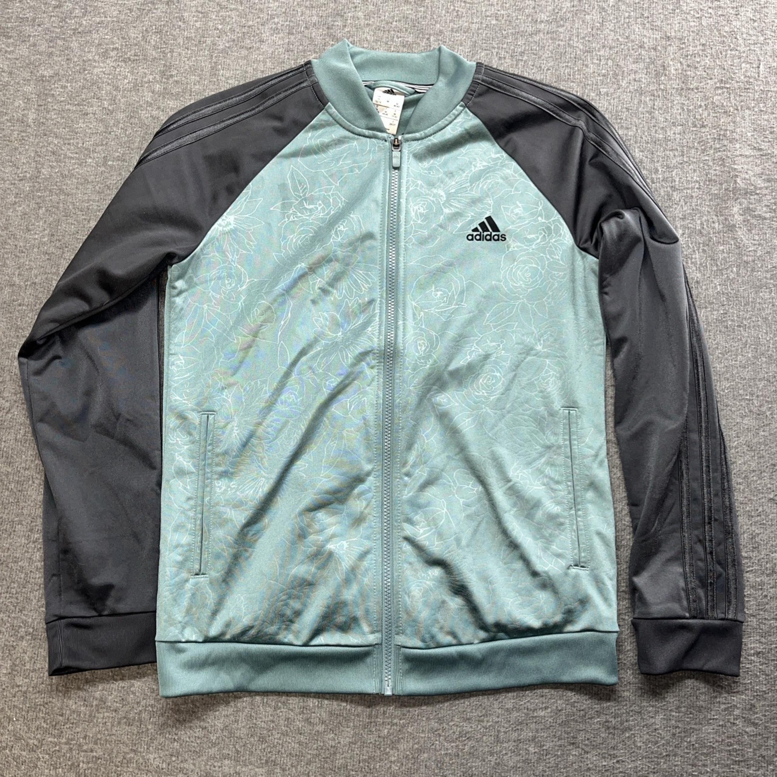 Adidas Track Jacket  Womens Med Floral Embossed Black Green Full Zip 3 Stripe