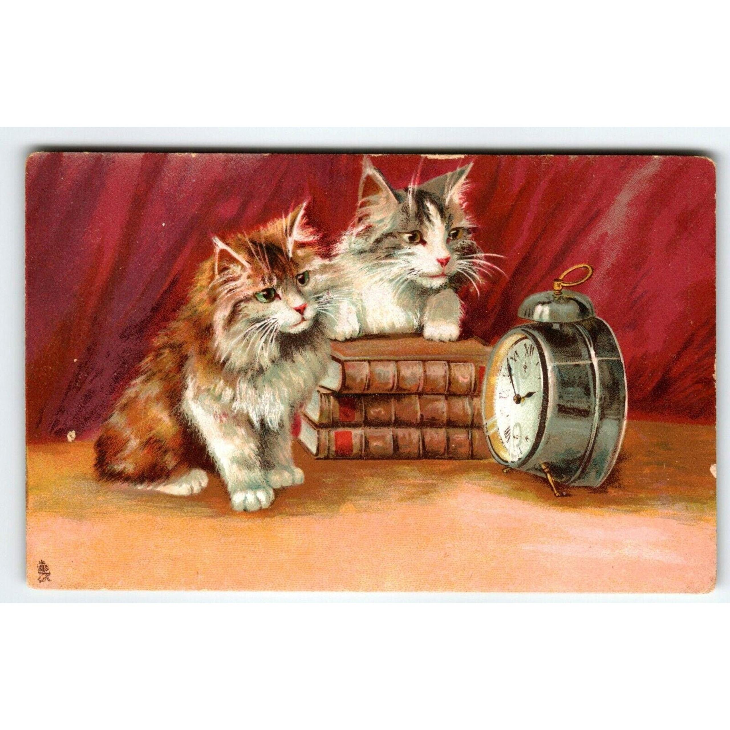 Humorus Cats Tuck Series 122 M. Boulanger Kittens Rest On Book Looking At Clock