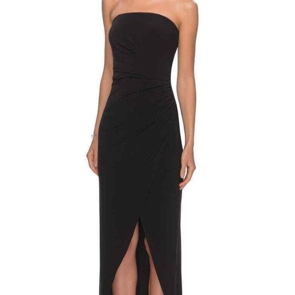 La Femme Black Strapless Ruched Soft Jersey Gown