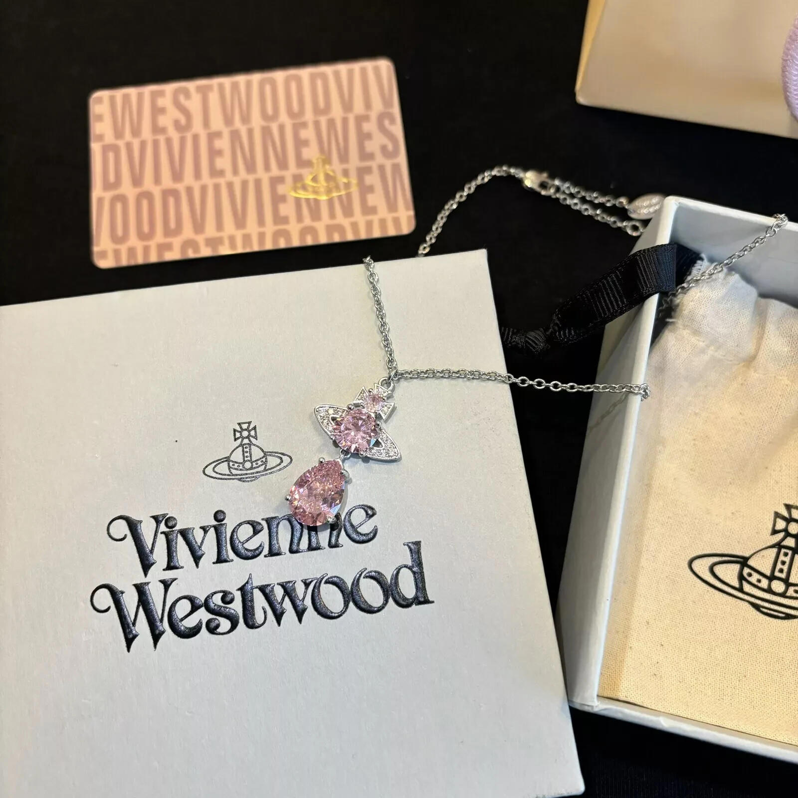 Vivienne Westwood ISMENE Drop Pink Bling Crystal Tear Drop Necklace With box B18