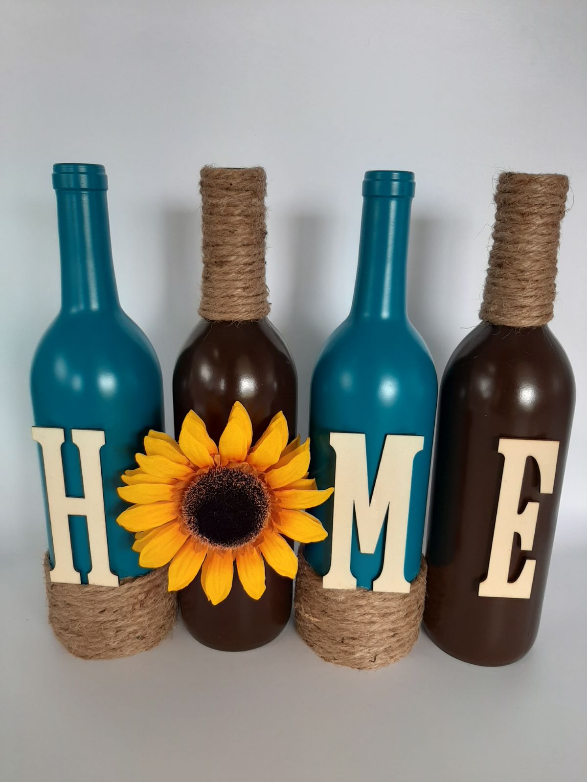 Teal and brown home wine bottles