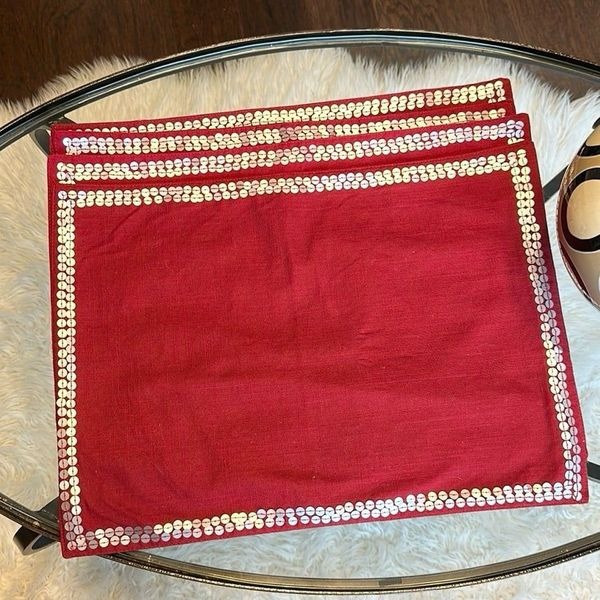 Pier 1 Red Sequined Trim Cloth Placemats 4