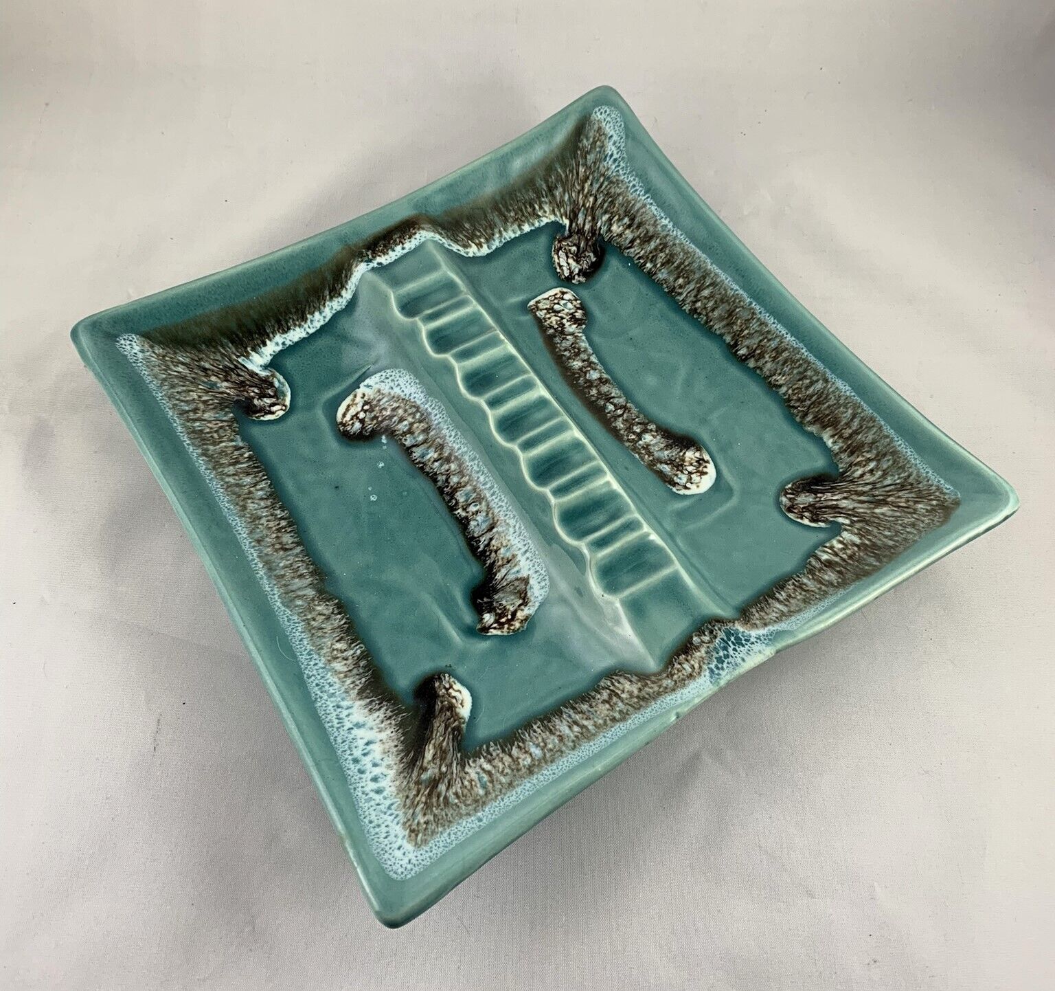 Vintage 1960's Ash Tray, Glazed Ceramic, Sushi Plate, MCM, Turquoise, Drip Glaze