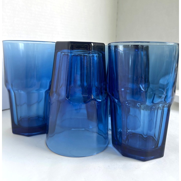 Vtg AVON Glassware Set Of 6 Vintage Royal Sapphire Blue Hexagon Glass Tumblers