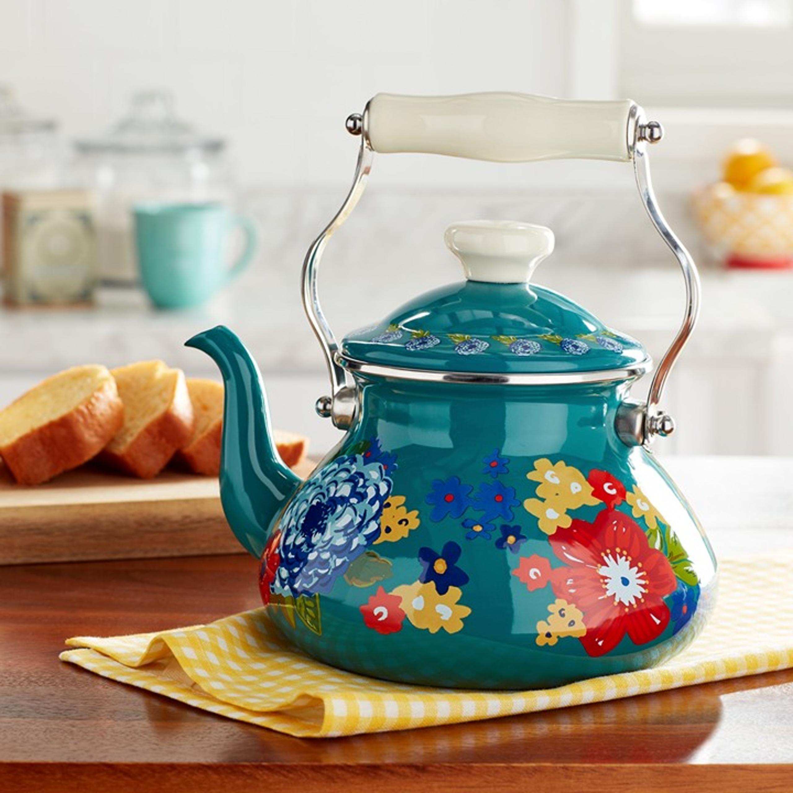 The Dazzling Dahlias Enamel on Steel 2 Quart Tea Kettle, Teal. - Pioneer Woman